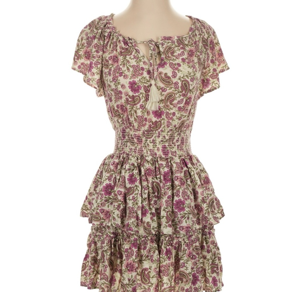 Patrons of Peace Anthropologie Floral Pink Cream Mini Dress Boho tiered ruffle